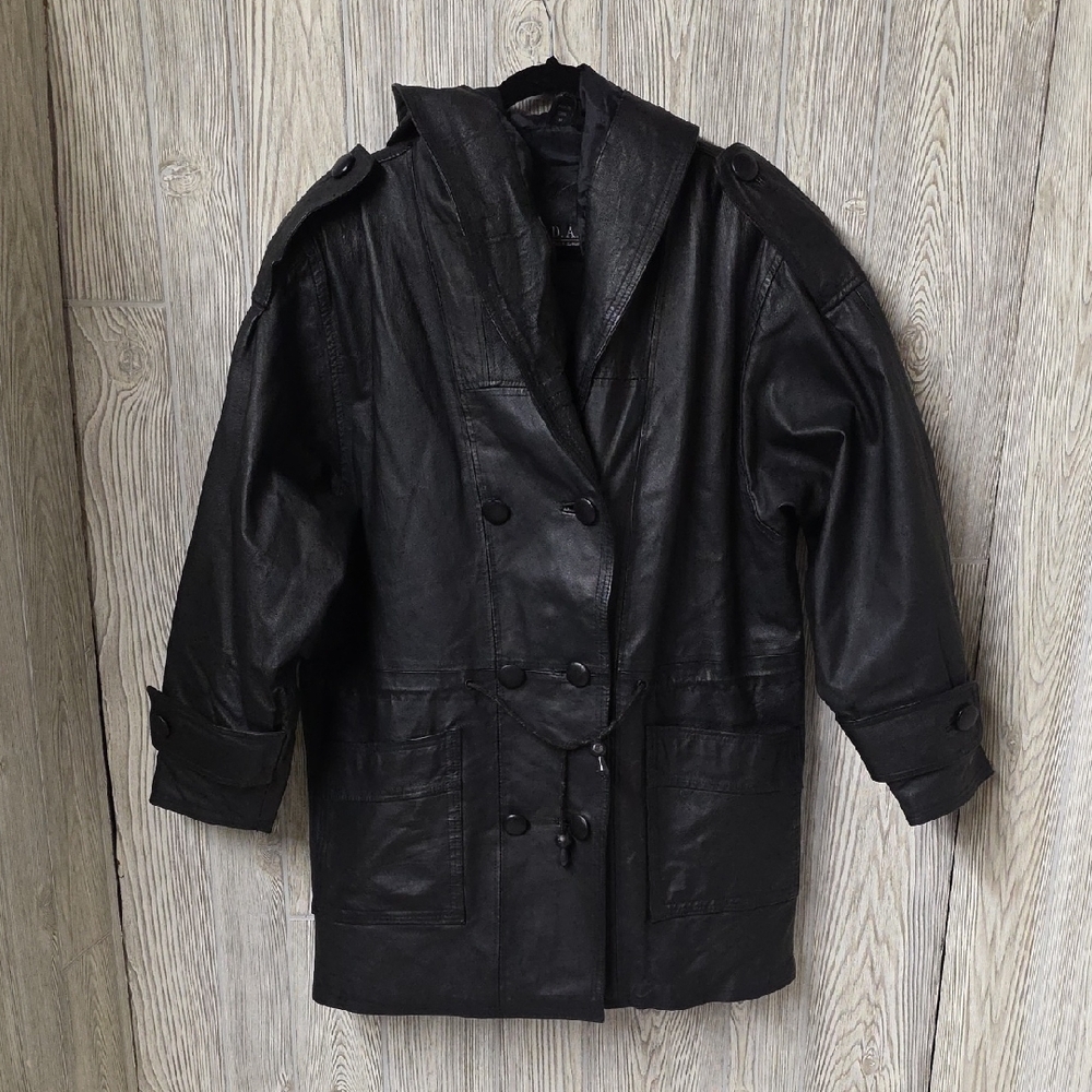 DANY Direct Action New York Black Leather Hooded Double Breasted Jacket Womens M